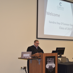 Judge Nazaretian speaking to new students