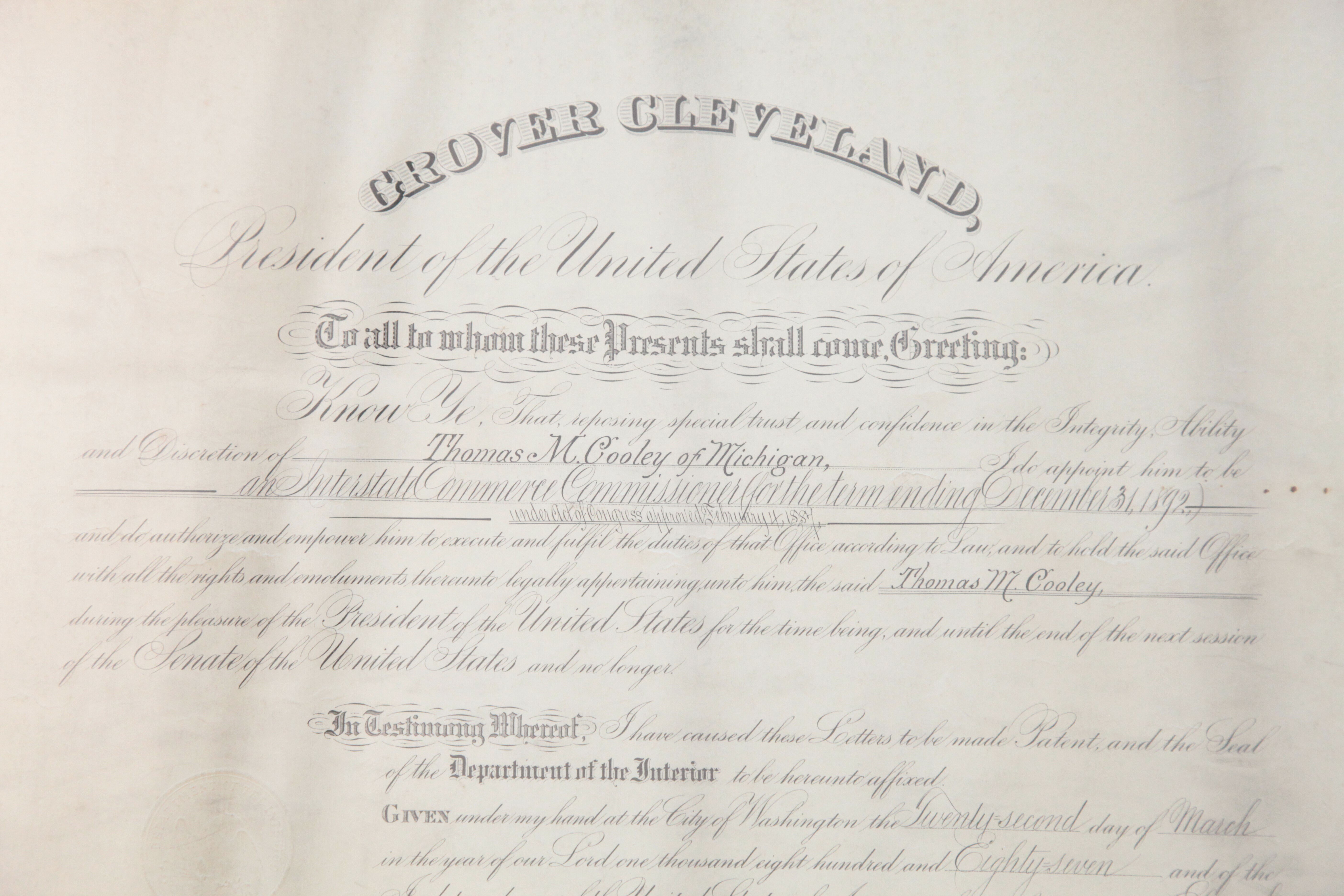 Signed Scroll from President Cleveland to Thomas M. Cooley