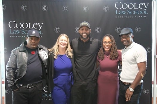 Pictured (left-right) are: Duane Williams, whose conviction was recently vacated; Ann Garant, Cooley Law School Innocence Project managing attorney;  Kenneth Nixon, exoneree; Tracey Brame, Cooley Law School Innocence Project director; and Darrell Siggers, exoneree